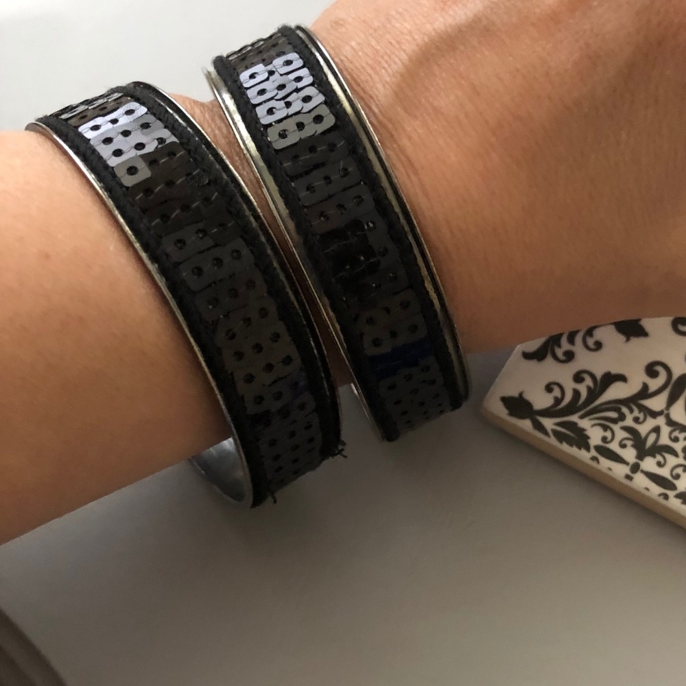 Set of 2 black sequin bangle bracelets 2.5 inch diameter